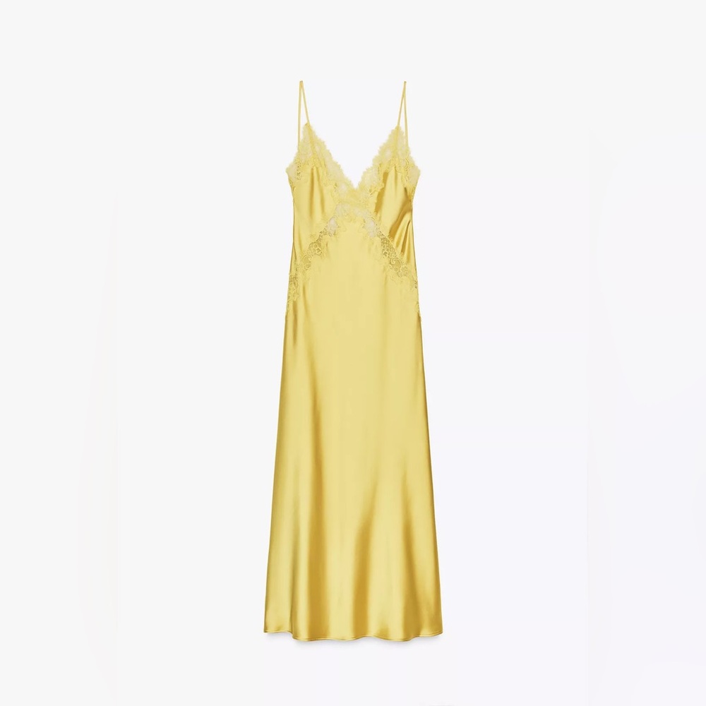 Zara Lace-Trim Slip Satin Maxi Dress in Mustard Chartreuse Yellow - Picture 8 of 15